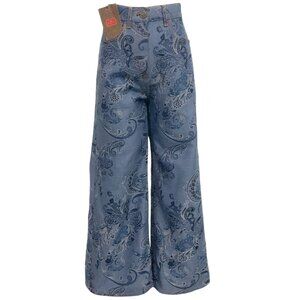 Etro Blue Printed Paisley Denim Wide Leg Jeans